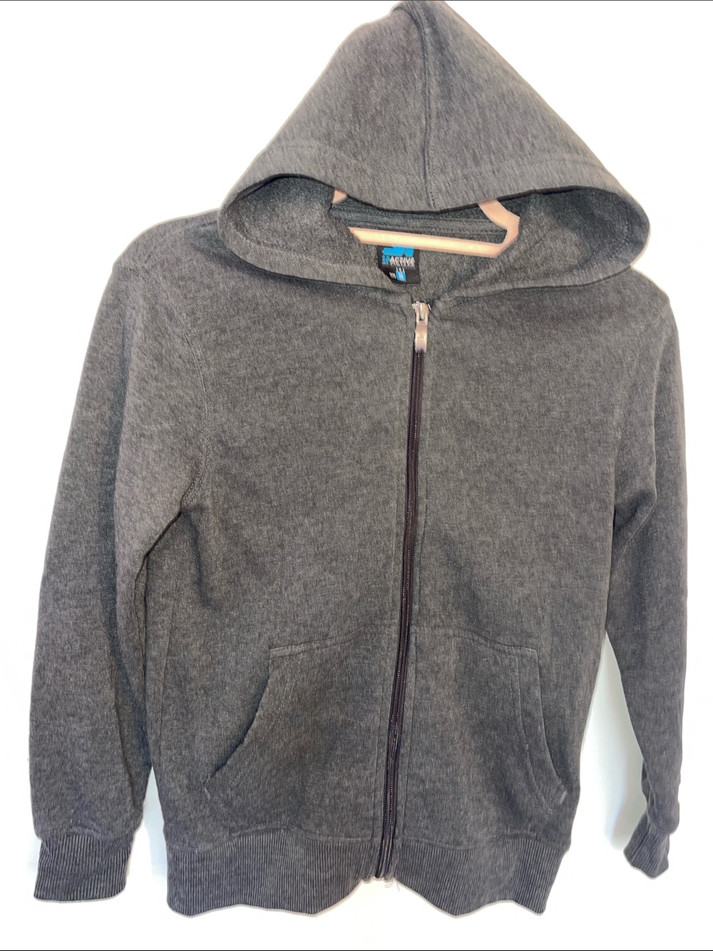 Unisex Charcoal Gray Zip-Up Hooded Sweatshirt adult size Small 16” pit to pit